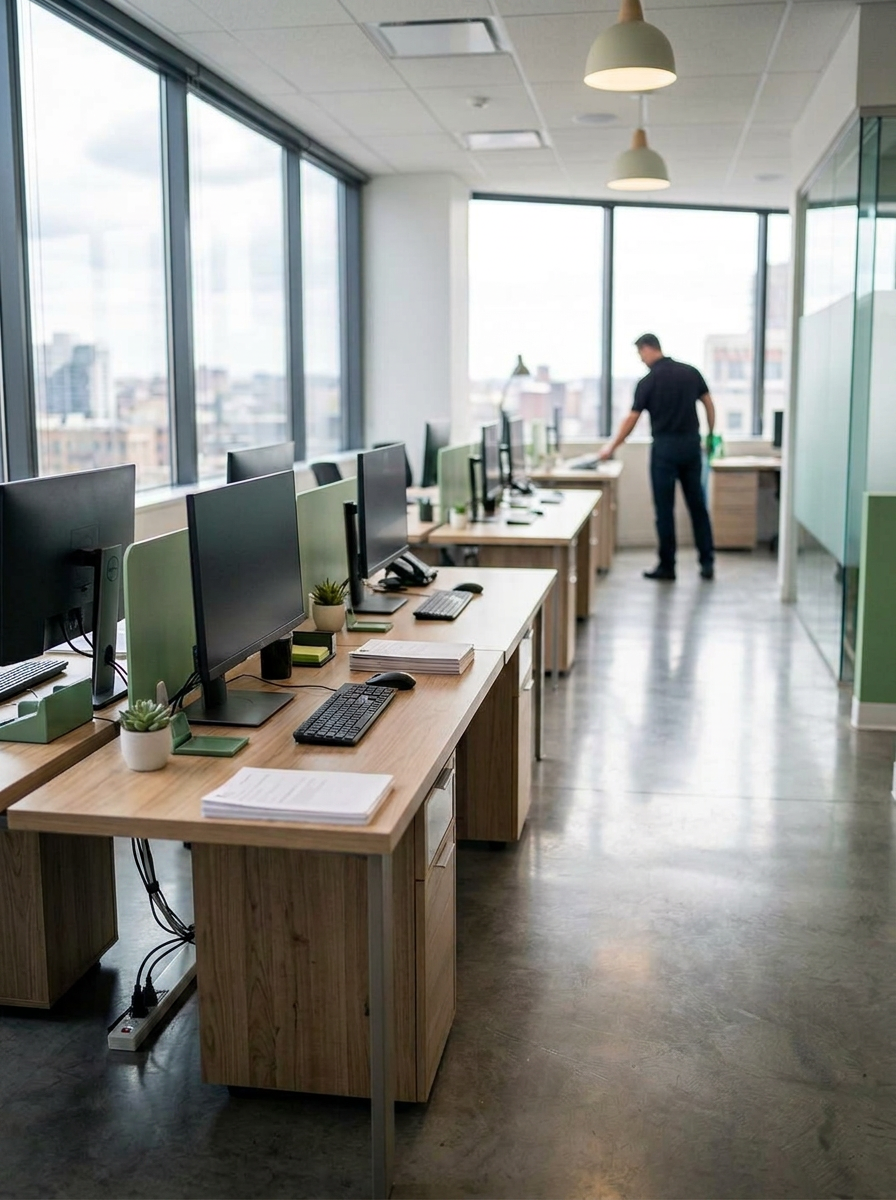 Bright, modern office with spotless desks and workspaces cleaned by VALMI 15